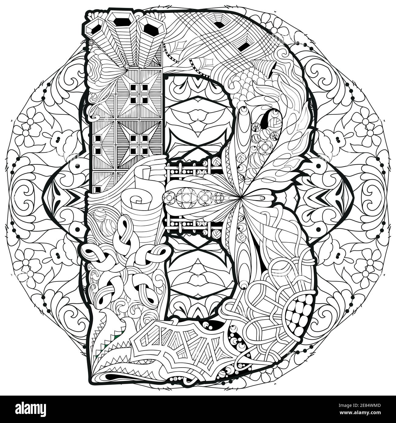 La conception de l'art peint à la main. Anti-stress adultes page à colorier. Noir et blanc illustration dessiné à la main avec la lettre B pour mandala Coloring Book Illustration de Vecteur