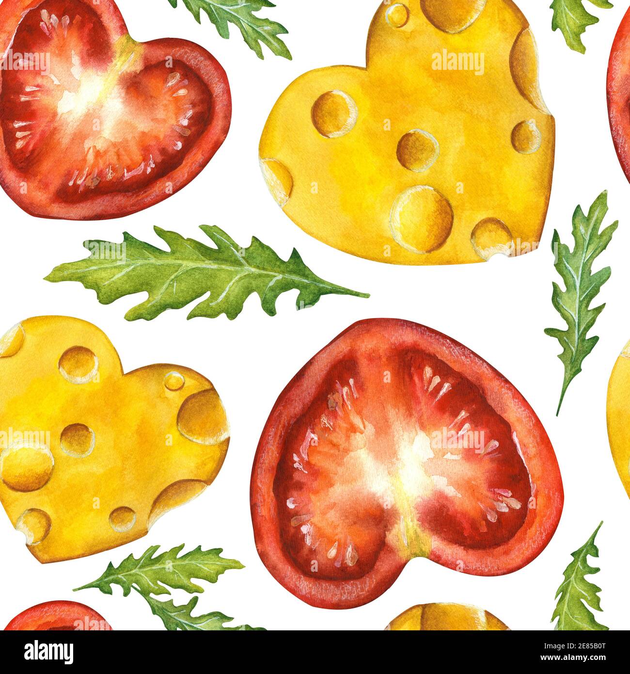 Motif de tranché à la main sans couture : fromage, tomates et roukkola en forme de coeur isolé sur blanc. Thème de la cuisine italienne Banque D'Images