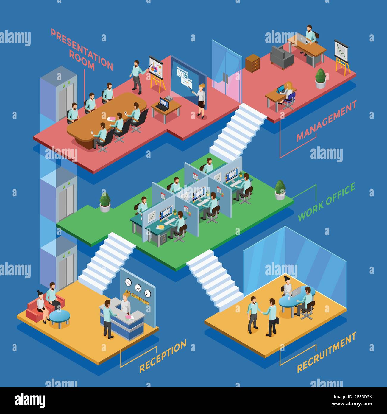 Illustration vectorielle d'un bureau isométrique à plusieurs étages avec des employés sur leur lieu de travail Illustration de Vecteur