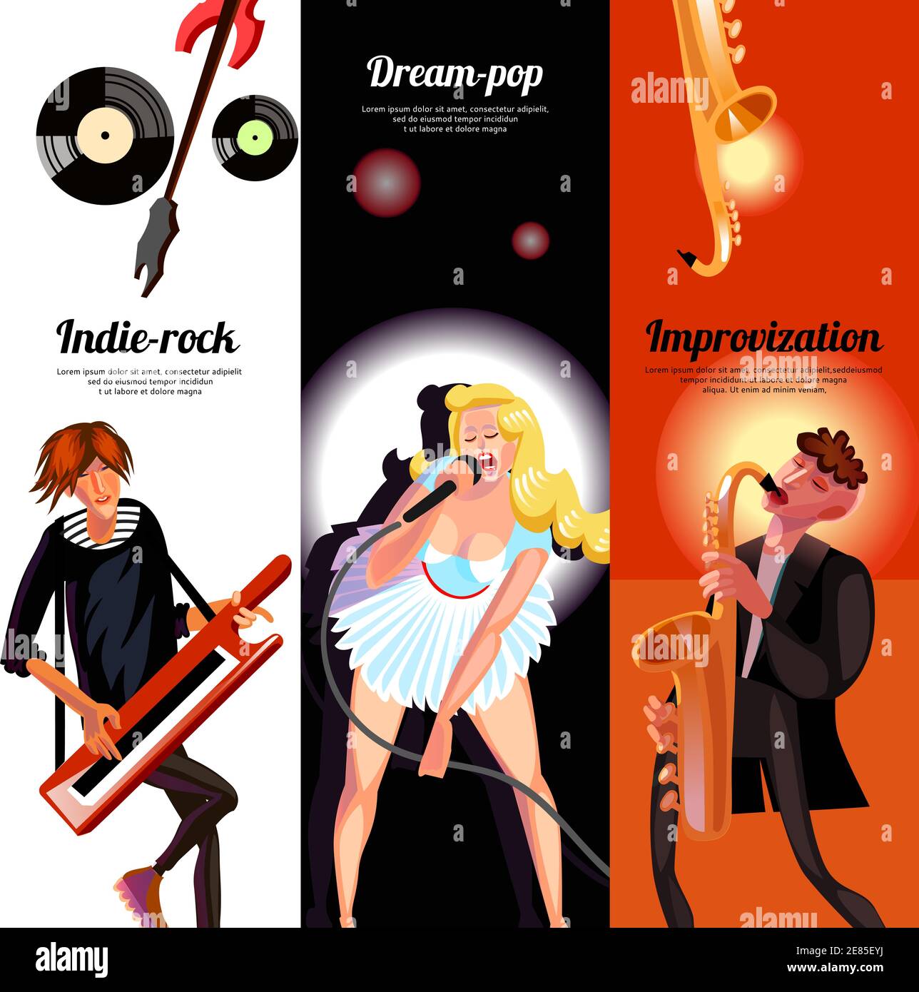 Le rock indé rêve pop et improvisation signets verticaux comme des bannières dessiné dans une illustration vectorielle de style dessin animé Illustration de Vecteur