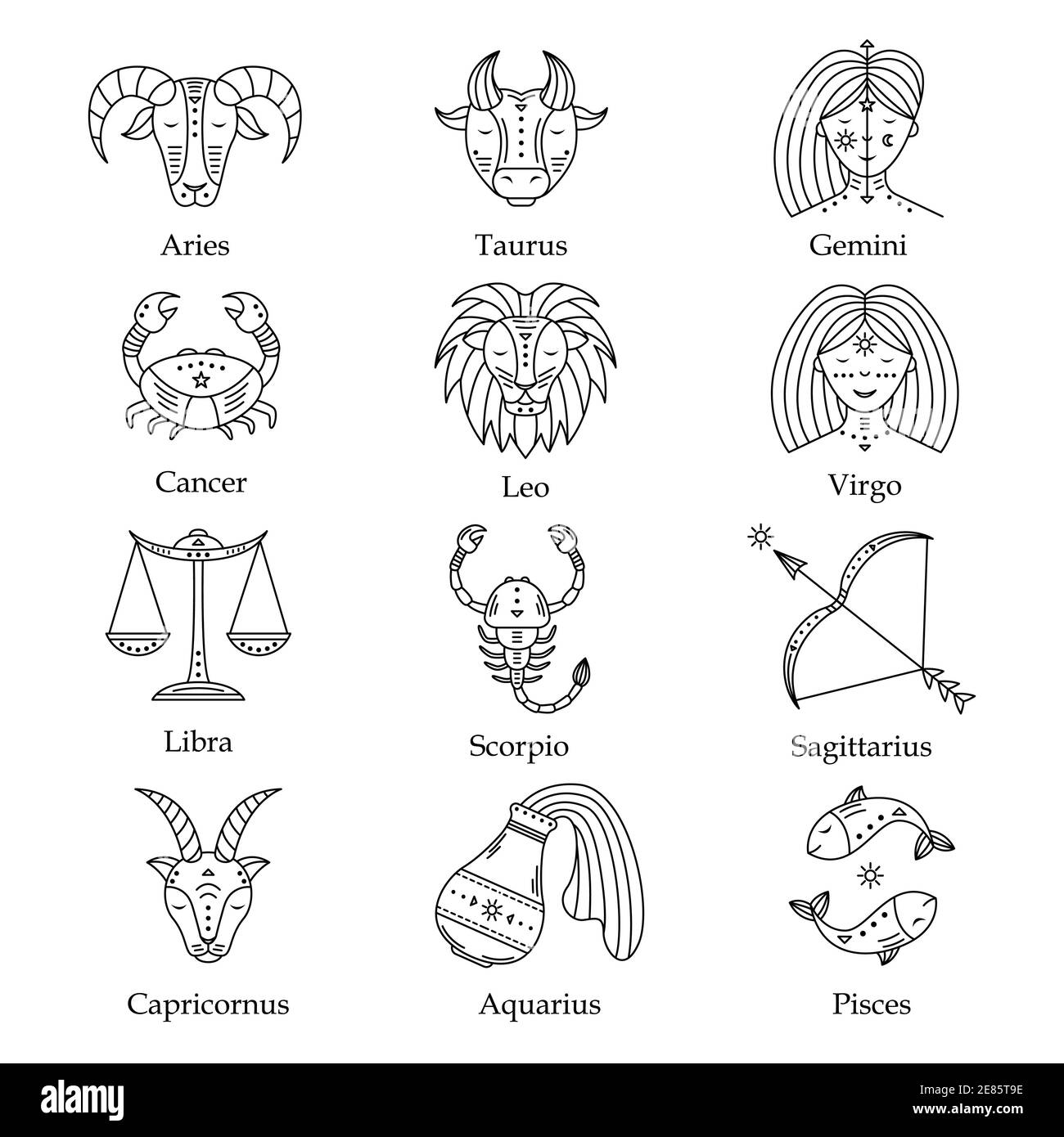 Ensemble vectoriel de symboles astrologiques, signes du zodiaque ...
