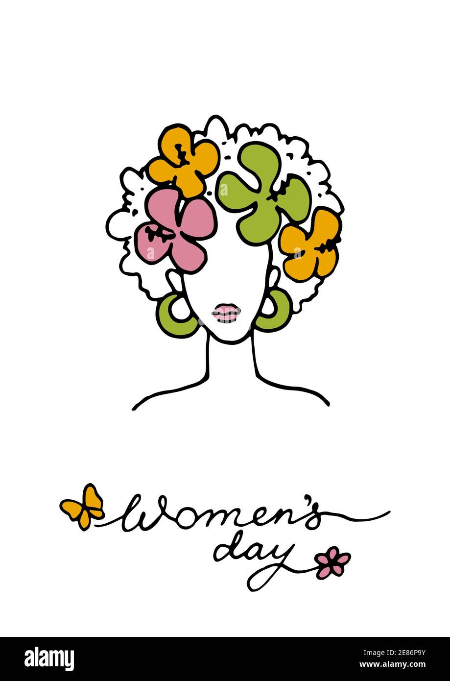Carte de voeux pour la Journée des femmes. Femme africaine dessinée à la main avec des papillons. Illustration vectorielle dans un style d'esquisse coloré Illustration de Vecteur