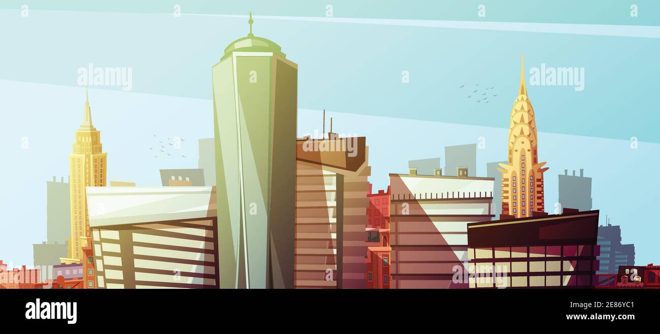 Paysage urbain de Manhattan avec le centre du commerce mondial chrysler et l'empire état illustration vectorielle plate des bâtiments en arrière-plan marin Illustration de Vecteur