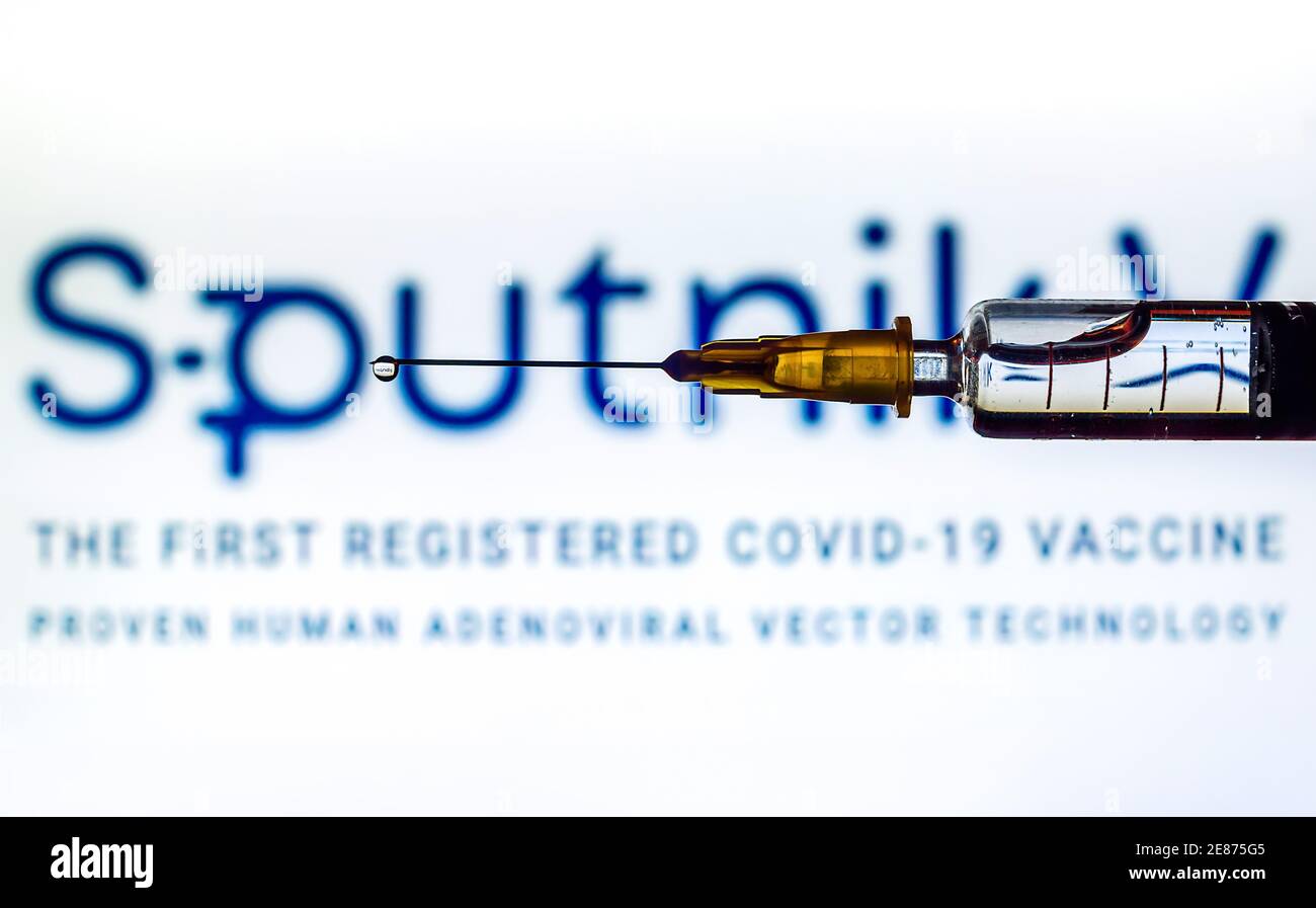 Vienne Autriche janvier.30 2021, seringue avec aiguille contre le logo Spoutnik du vaccin développé par l'institut Gamaleya Banque D'Images