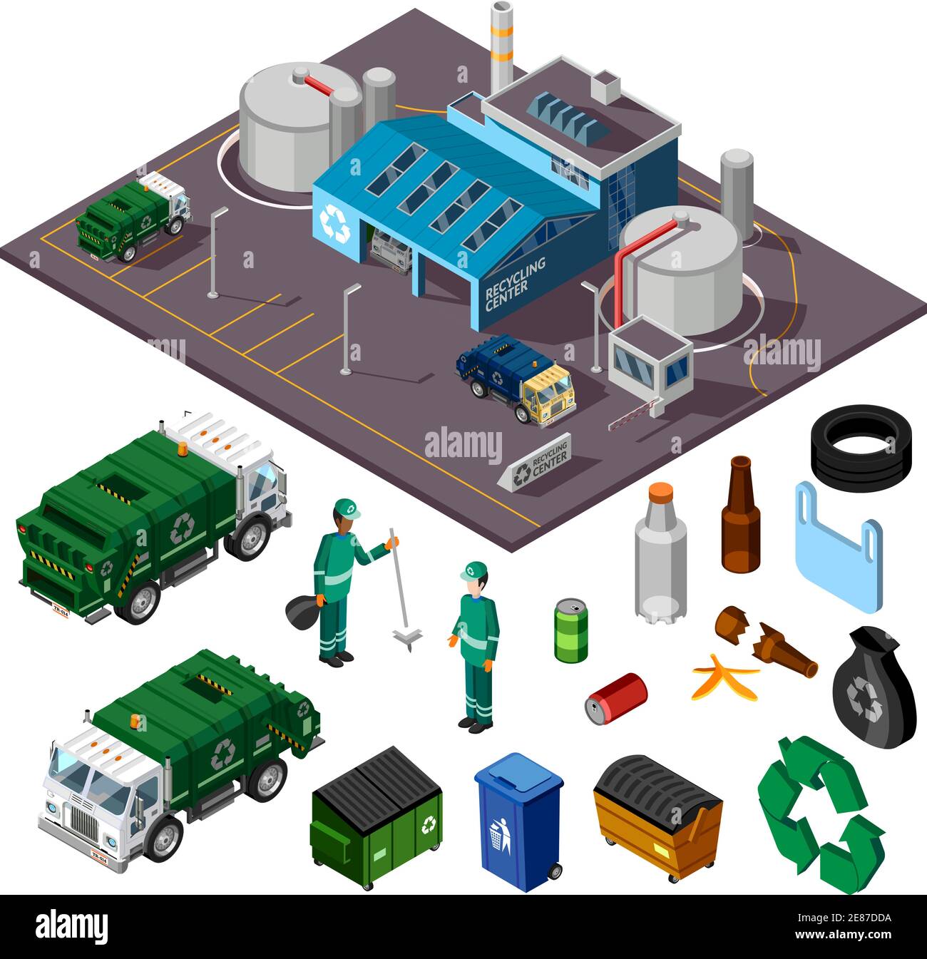 Centre de recyclage concept isométrique avec chariots nettoyeurs à ordures et éléments pour la collecte et le tri de l'illustration du vecteur de corbeille Illustration de Vecteur