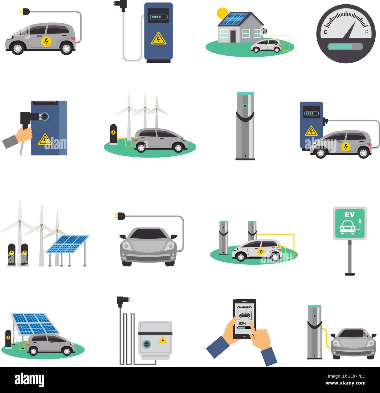 Voiture électrique recharge des stations-service du réseau public et recharge individuelle points flat icons collection illustration vectorielle isolée Illustration de Vecteur