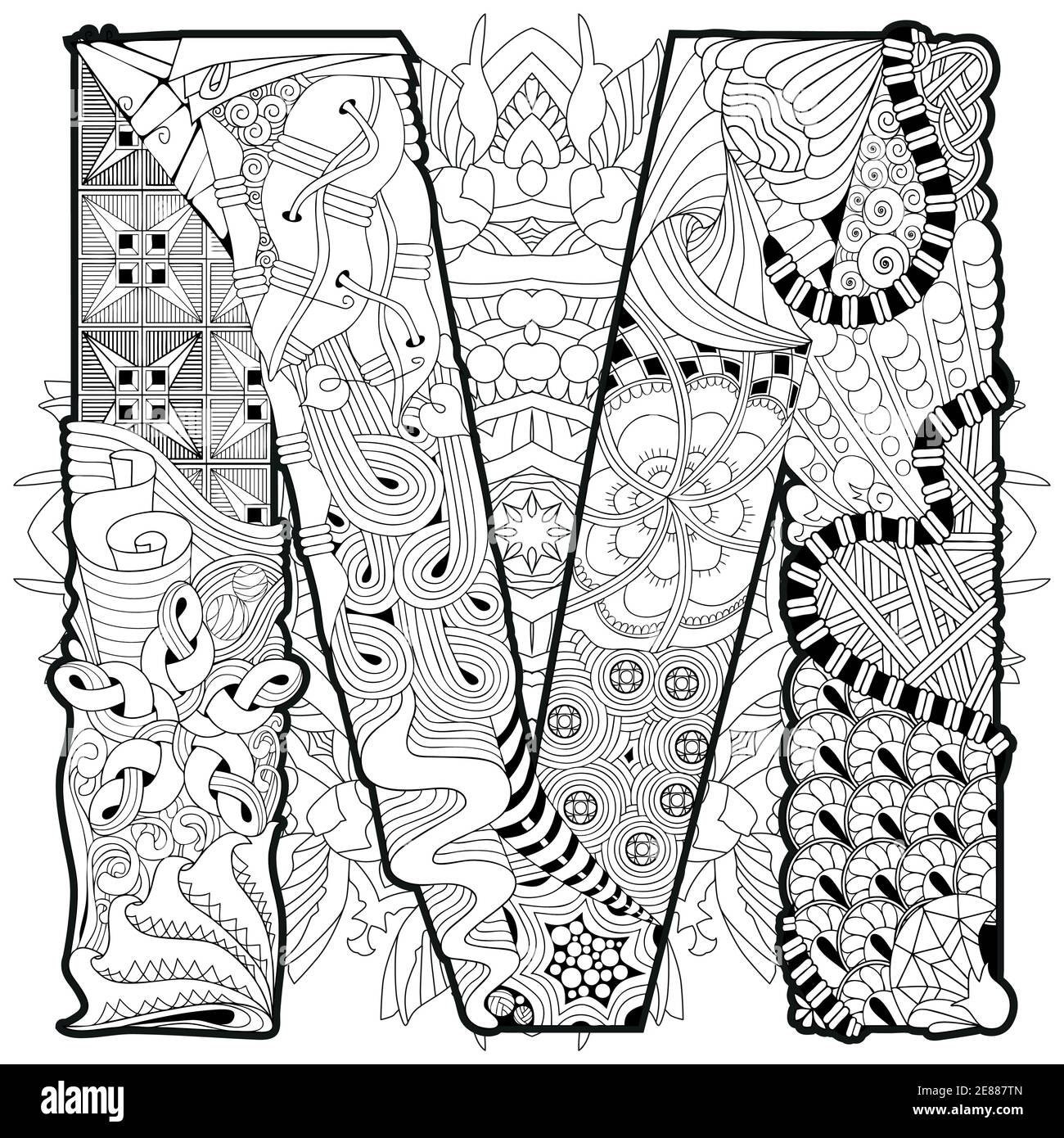 La conception de l'art peint à la main. Anti-stress adultes page à colorier. Noir et blanc illustration dessiné à la main avec mandala lettre M pour Coloring Book Illustration de Vecteur