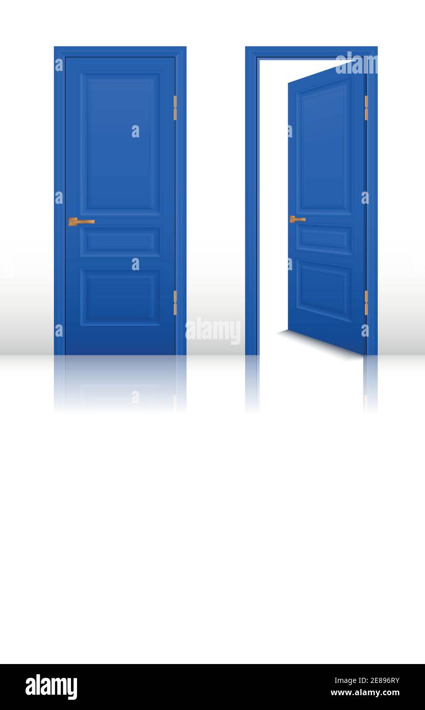 Chambre de maison bleue portes ouvertes et fermées avec poignées brunes définir une illustration vectorielle réaliste isolée Illustration de Vecteur