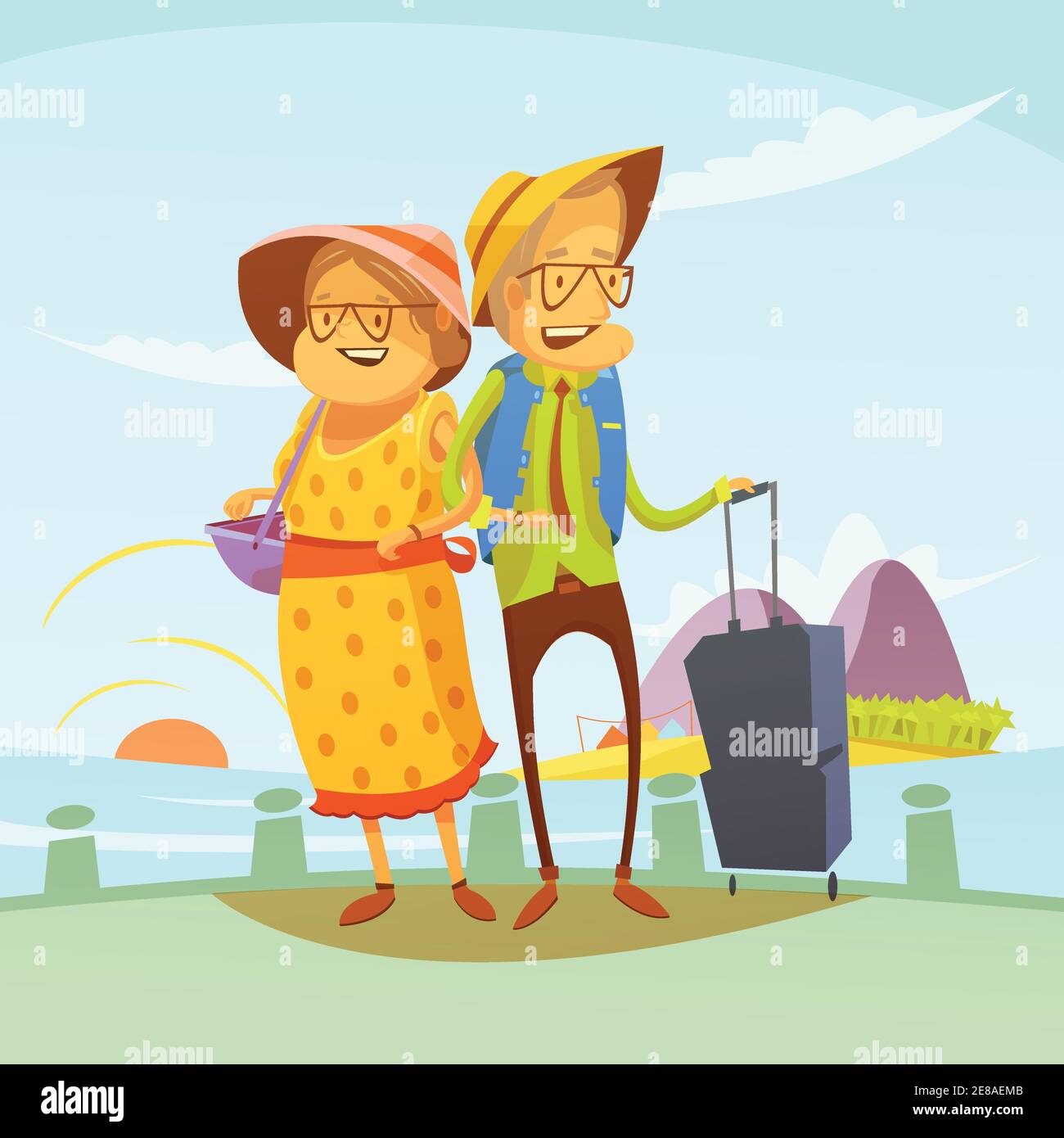 Couple senior voyageant arrière-plan avec la valise et le vecteur de ...
