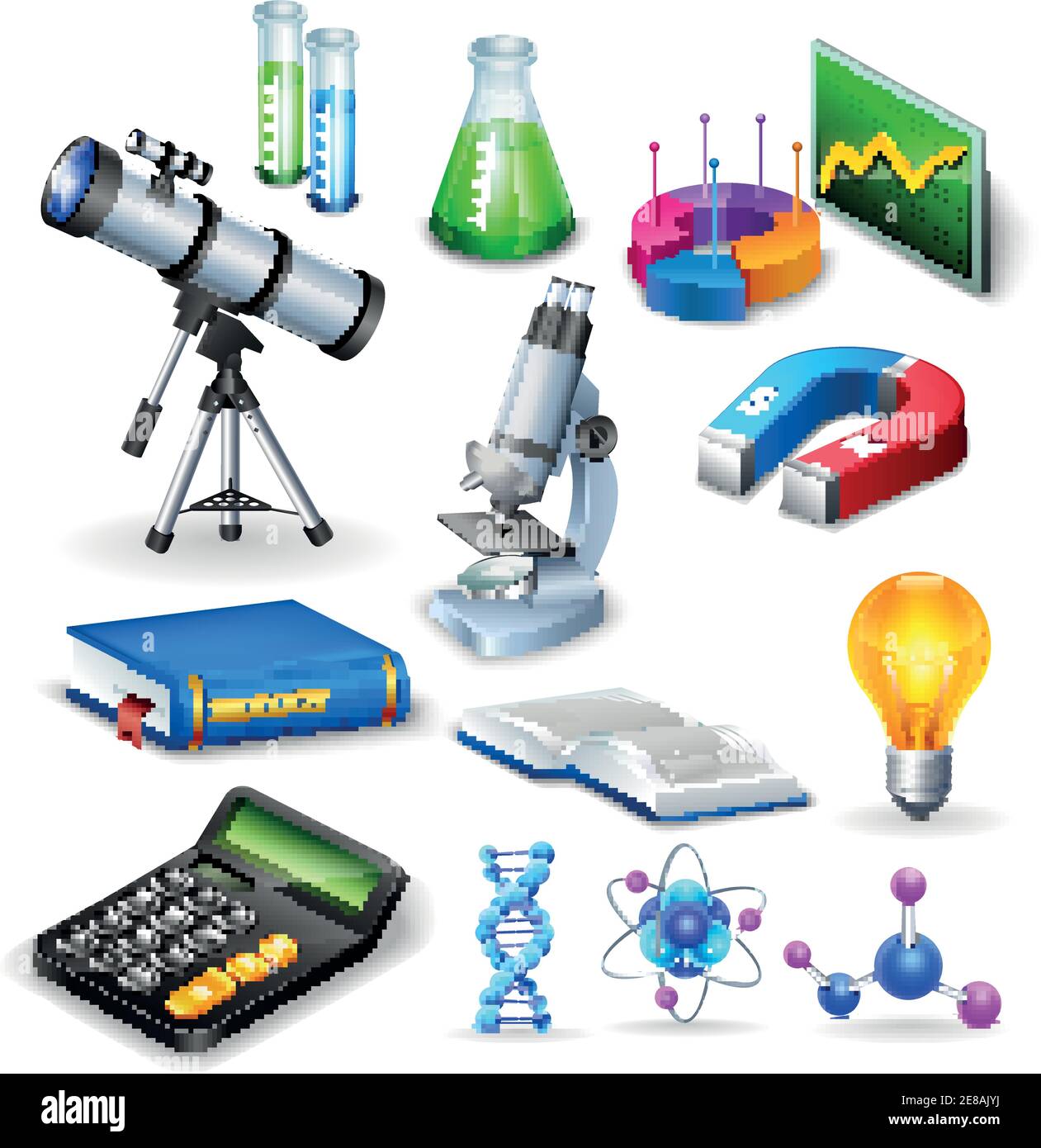 Icônes réalistes scientifiques avec microscope calculatrice télescope aimant et modèles d'illustration de vecteur de molécule de substance Illustration de Vecteur