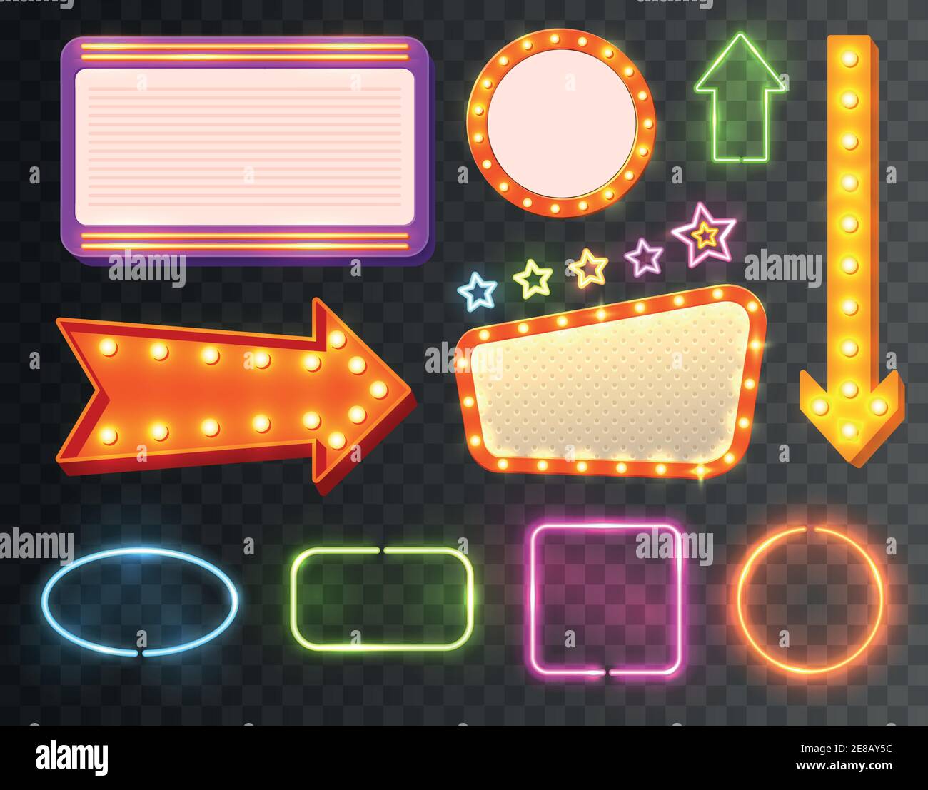 Icône de panneau néon ensemble multicolore clignotant et chatoyant avec peu s'allume sur l'illustration vectorielle d'arrière-plan transparente Illustration de Vecteur