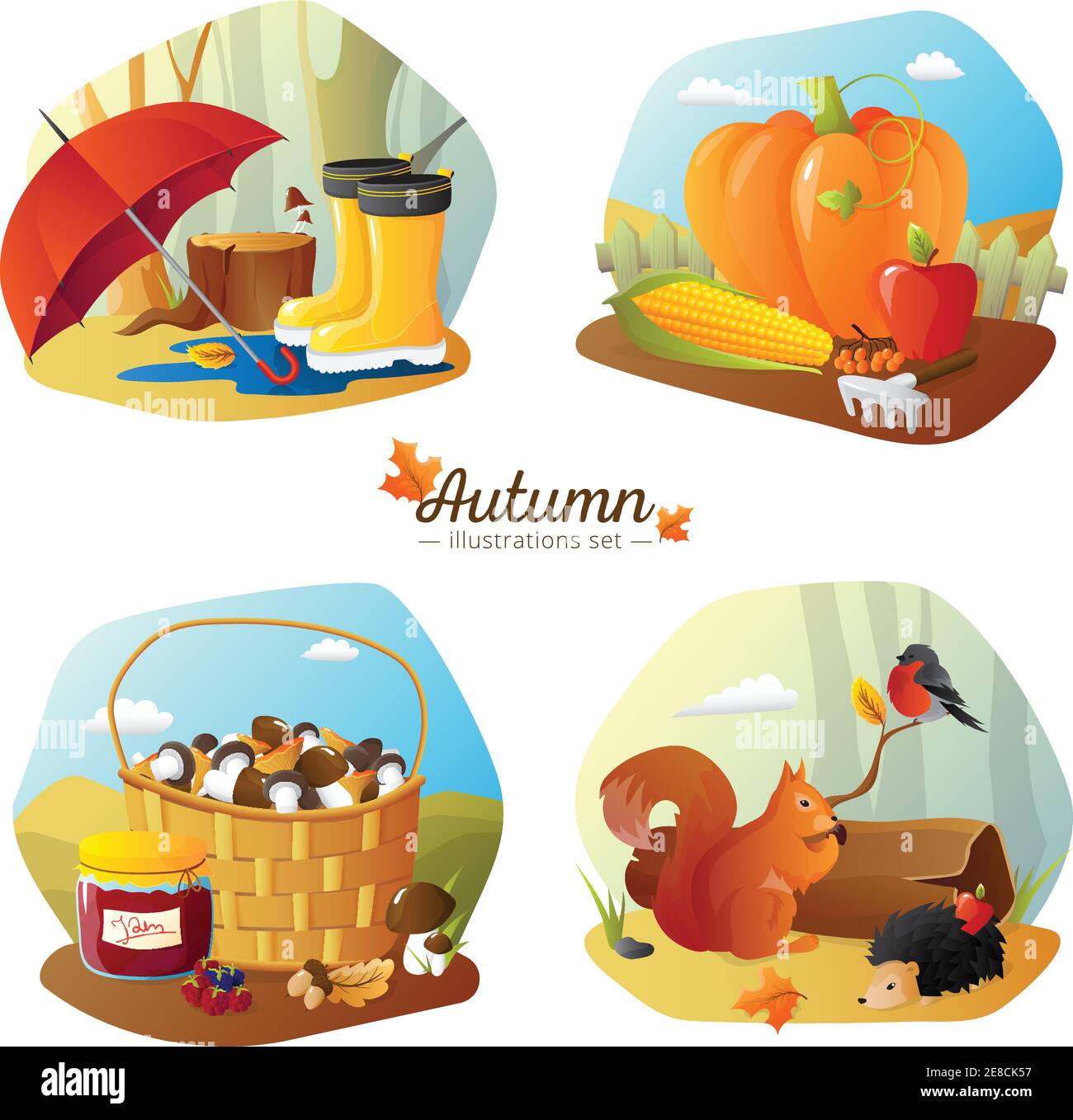 Automne saison 4 icônes affiche carrée avec campagne de récolte et accessoires de randonnée en forêt caricature vecteur isolé illustration Illustration de Vecteur