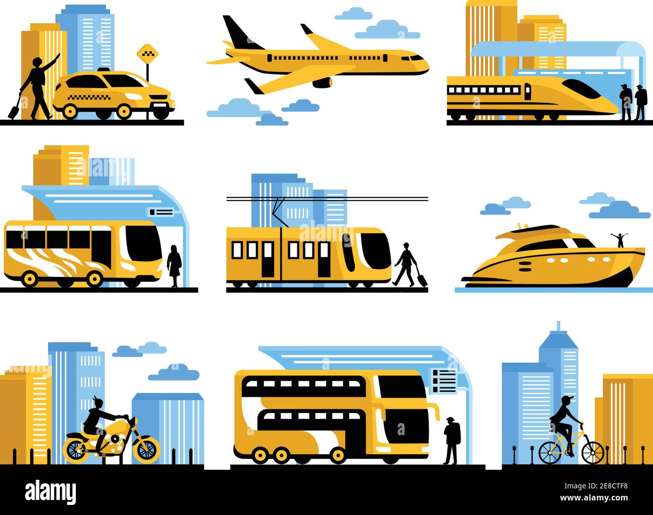 Les voyageurs ont isolé des éléments décoratifs ensemble avec des passagers et différents types d'illustration de vecteur de transport aérien d'eau et de sol Illustration de Vecteur