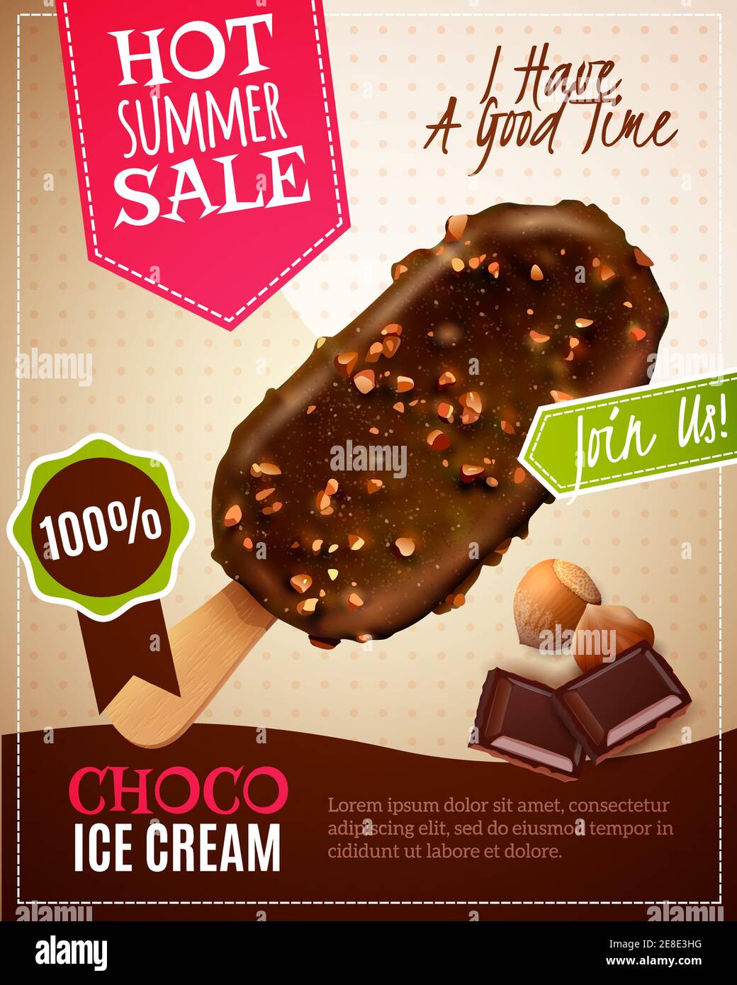 Illustration vectorielle de vente d'été de glace avec publicité de chocolat tarte esquimau aux noix dans un style réaliste Illustration de Vecteur