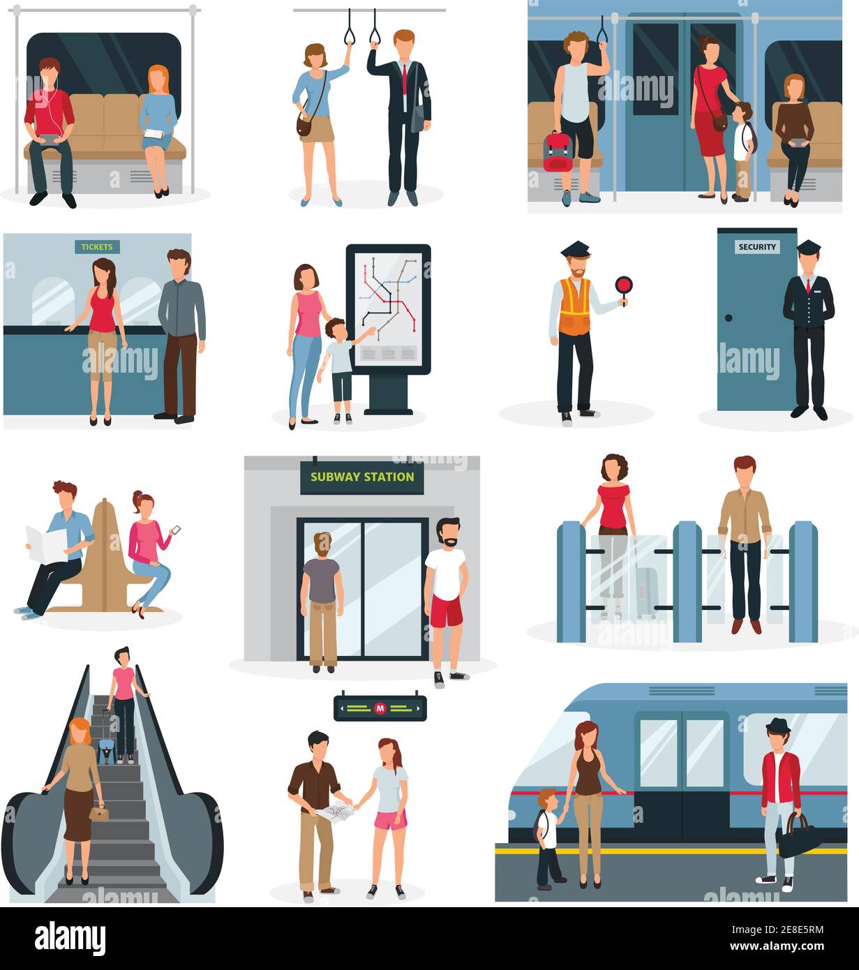 Décor plat avec des personnes dans différentes situations dans le métro illustration vectorielle isolée sur fond blanc Illustration de Vecteur