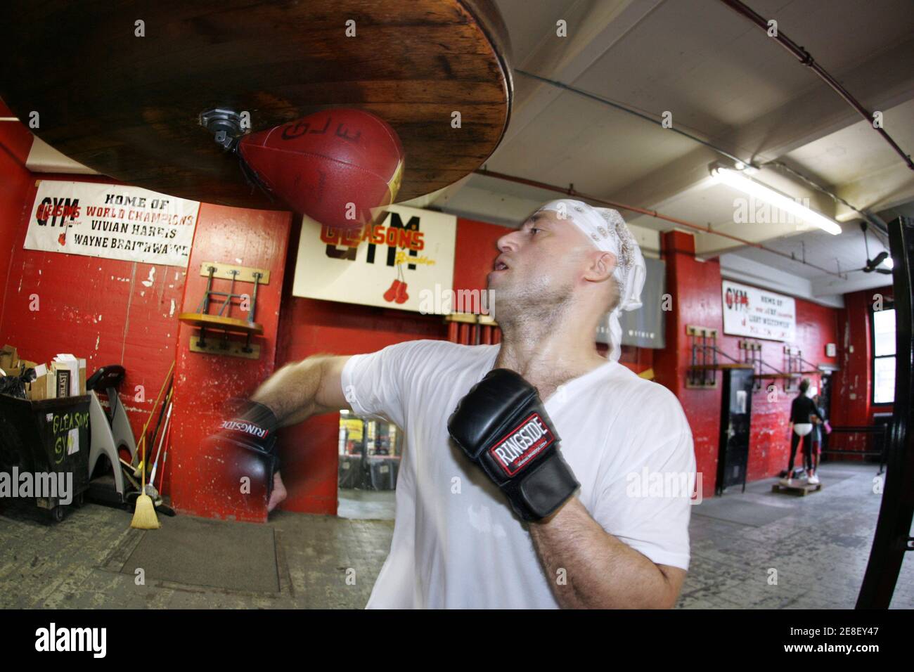 A boxer punches a speed bag during training at Gleason's boxing gym in  Brooklyn, New York October 28, 2009. Muhammad Ali, Mike Tyson, Roberto  Duran and Jake LaMotta are just a sample