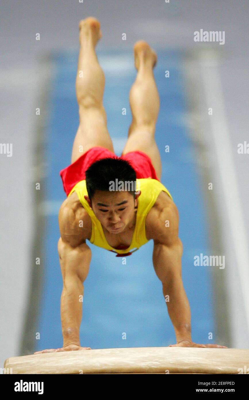 China's gymnast Lu Bin performs at the vault during the men's gymnastics team finals during the 4th East Asian Games in Macau October 30, 2005. China won the gold in the men's team finals, followed by Japan with the silver medal and South Korea with the bronze. REUTERS/Claro Cortes IV Banque D'Images
