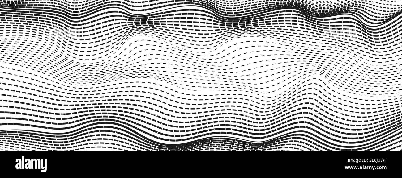Courbes d'ondulation en pointillé noir, fond blanc. Motif de dessin au trait vectoriel. Design monochrome technique. Surface texturée abstraite. Radio, ondes sonores. EPS10 Illustration de Vecteur