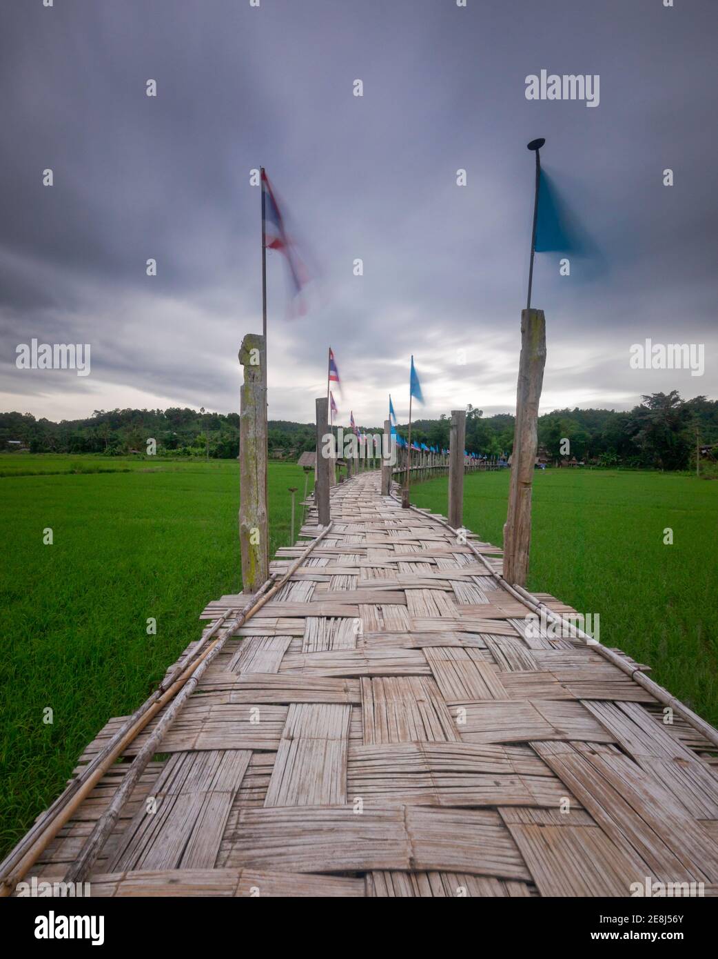 Long pont en bambou su Tong PAE avec différents drapeaux sur piliers en bois traversant le champ de riz contre le ciel nuageux Thaïlande Banque D'Images