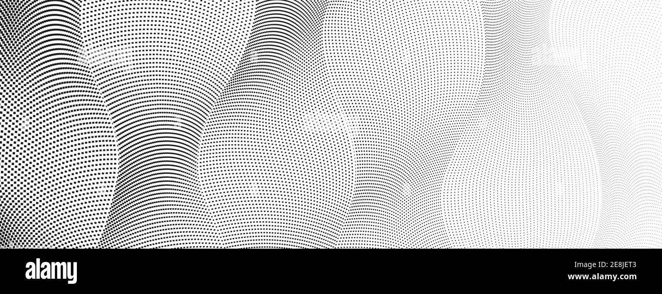 Motif demi-ton. Lignes de scalgle en pointillés noirs avec dégradé. Arrière-plan abstrait techno, texture. Concept d'ondes radio. Conception vectorielle monochrome. EPS10 Illustration de Vecteur