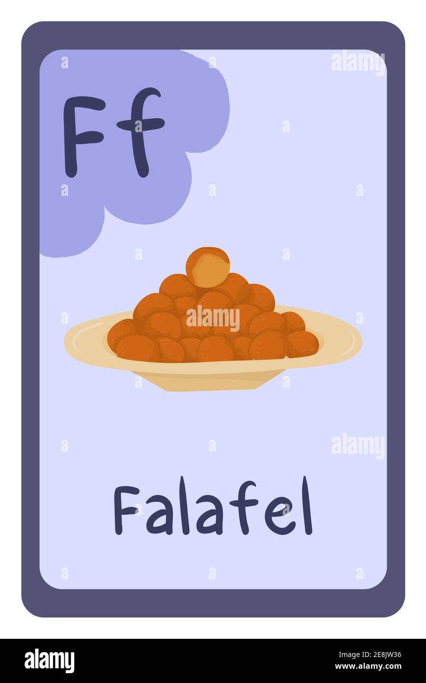 Carte Flash d'éducation de l'alphabet, lettre F - carte d'éducation abc colorée de falafel. École, éducation, étude, concept d'apprentissage. Illustration de Vecteur