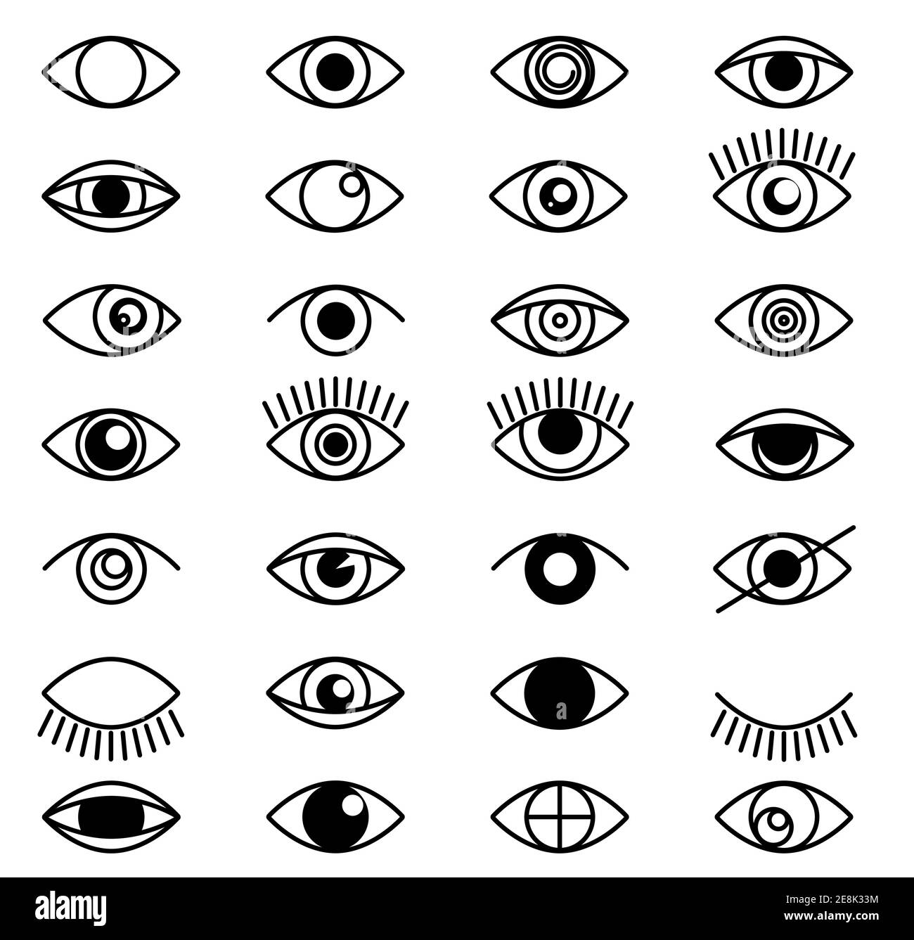 Icônes du contour des yeux. Fermez et ouvrez les yeux avec des cils. Enseignes de vision optique de ligne en style de ligne. Collection de formes noires supervision et recherche Illustration de Vecteur