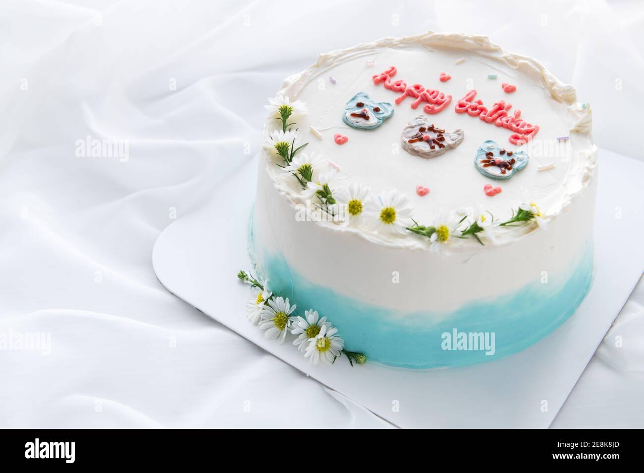 Petit Gateau D Anniversaire Et Joli Visage De Chat Et Petite Fleur Sur Le Dessus Avec Toile Blanche Fond Dessert Thailandais Photo Stock Alamy