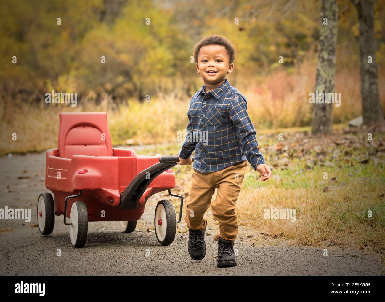 Un jeune garçon souriant et heureux qui court et tire son chariot rouge dans le parc de Bramble, en Virginie, un après-midi d'automne. Banque D'Images