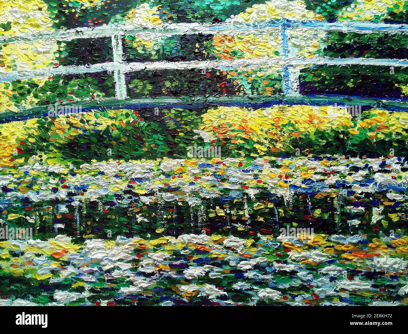 Art, peinture couleur huile fleur de lotus abstrait, thaïlande , nénuphars et pont japonais Banque D'Images