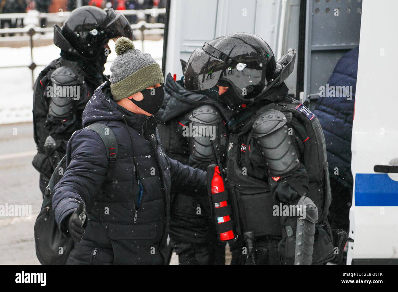 Moscou, Russie. 31 janvier 2021. Manifestations dans la capitale de la Russie. Une immense manifestation avec des milliers de personnes a eu lieu à Moscou pour demander la liberté d'Alexei Navalny et de tous les prisonniers politiques. Banque D'Images