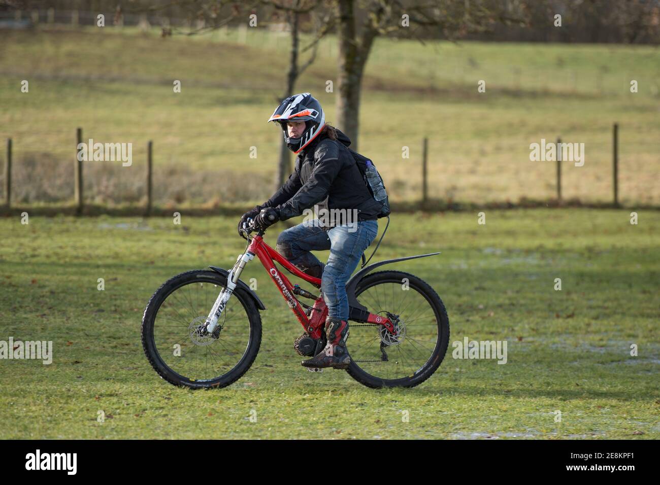 Hamilton, Écosse, Royaume-Uni. 31 janvier 2021. Photo : un motard de montagne parcourt l'herbe. Les gens dehors dans le parc de campagne de Chatelherault prenant l'exercice que la température reste juste au-dessus de zéro. Le soleil est dehors et les gens s'amusent pendant le verrouillage de phase 4 du coronavirus. Crédit : Colin Fisher/Alay Live News Banque D'Images