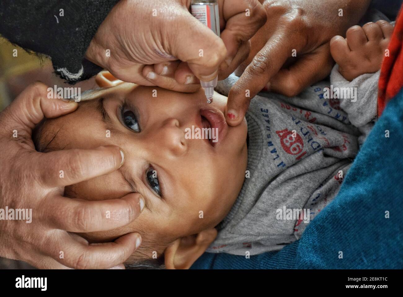 Jammu, Inde. 31 janvier 2021. Le 31 janvier 2021, à Jammu, en Inde, un enfant se fait vacciner contre la poliomyélite par des agents de santé qui travaillent dans une société d'habitation, observe aujourd'hui la Journée nationale de vaccination contre la polio (NID), où des gouttes sont administrées aux enfants de moins de 5 ans pour maintenir la maladie à distance. Le ministère de la Santé a déclaré que la vaccination antipoliomyélitique PULSE sera prise le 31 janvier, les 1er et 2 février. (Photo de Bikas Bhagat/INA photo Agency/Sipa USA) crédit: SIPA USA/Alay Live News Banque D'Images