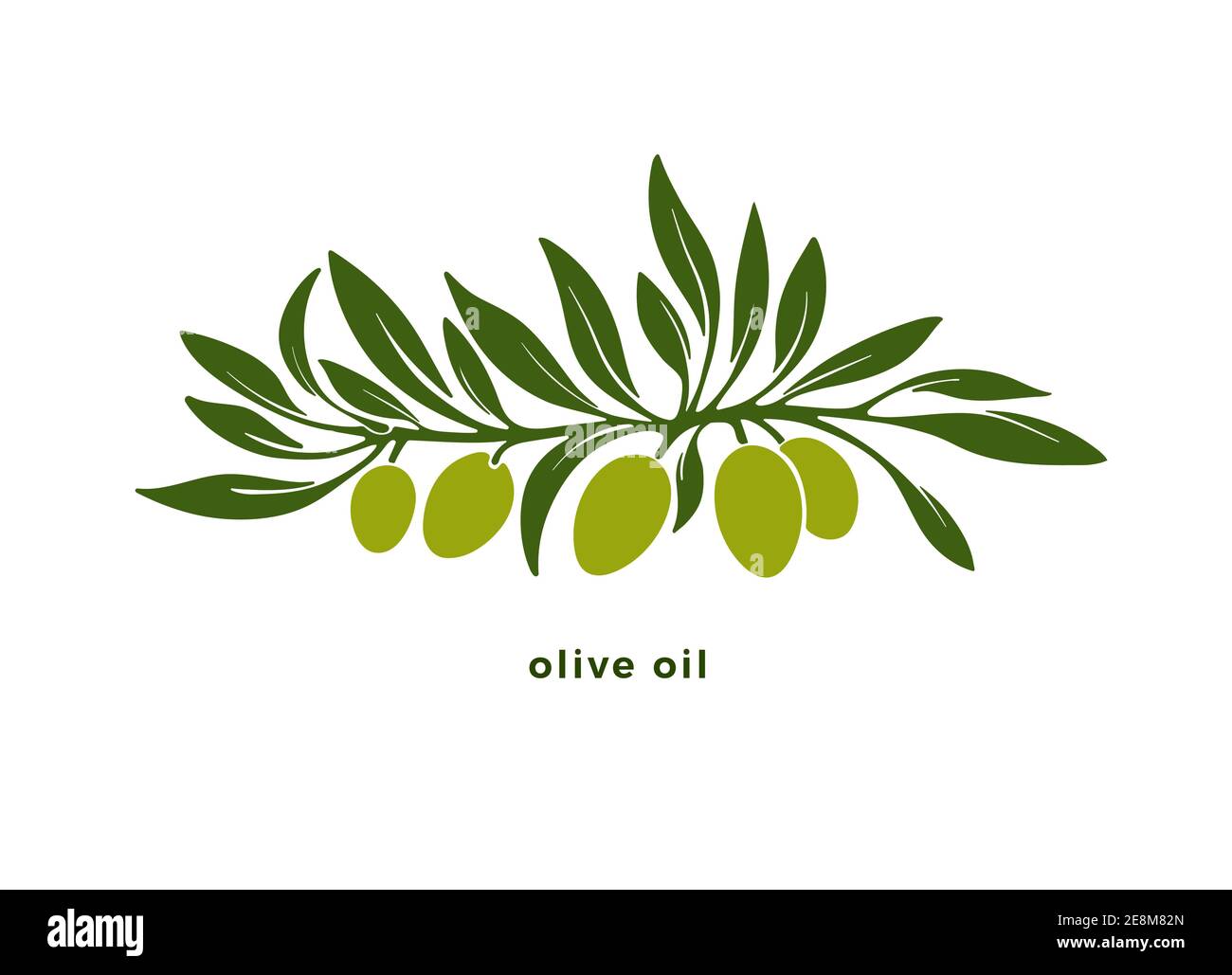 Silhouette d'olivier, fruit vert, feuilles, isolée sur fond blanc. Motif vectoriel. Huile naturelle organique. Récolte sauvage. Design pour l'impression, simp Illustration de Vecteur