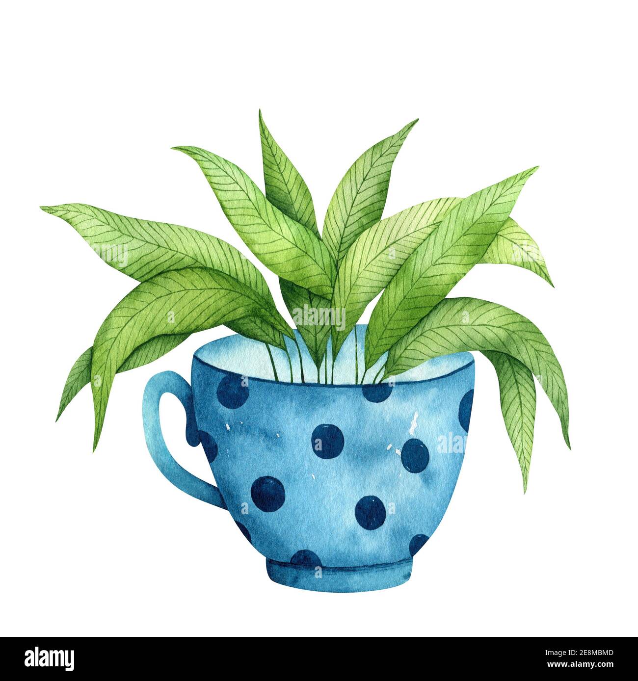 Joli mug bleu avec une plante verte à l'intérieur isolée sur fond blanc. Illustration aquarelle dessinée à la main. Parfait pour l'impression, les cartes, la décoration, les couvertures. Banque D'Images