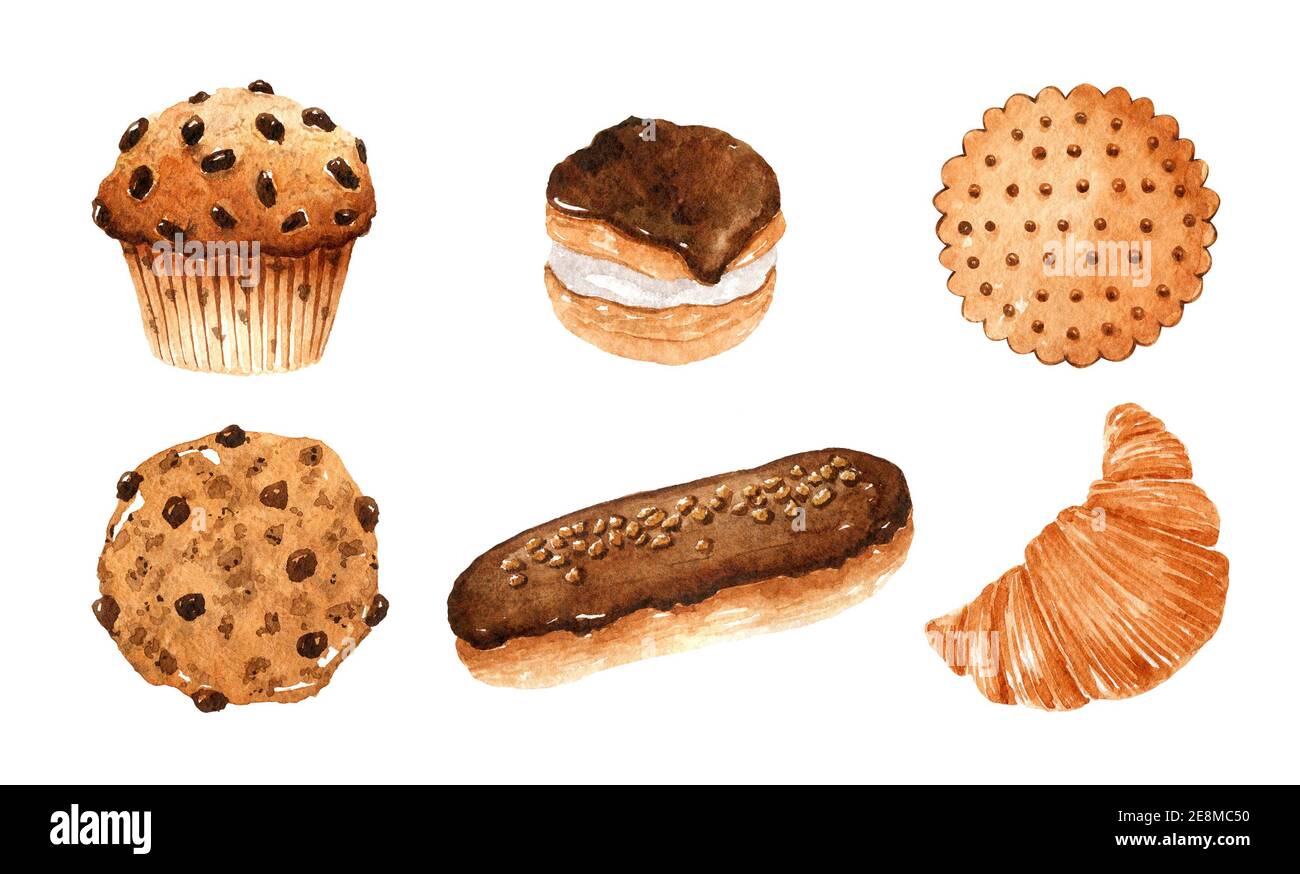 Ensemble de produits frais de boulangerie. Biscuits, muffin, eclair, croissant, profiterole isolé sur fond blanc. Illustration aquarelle dessinée à la main. Banque D'Images