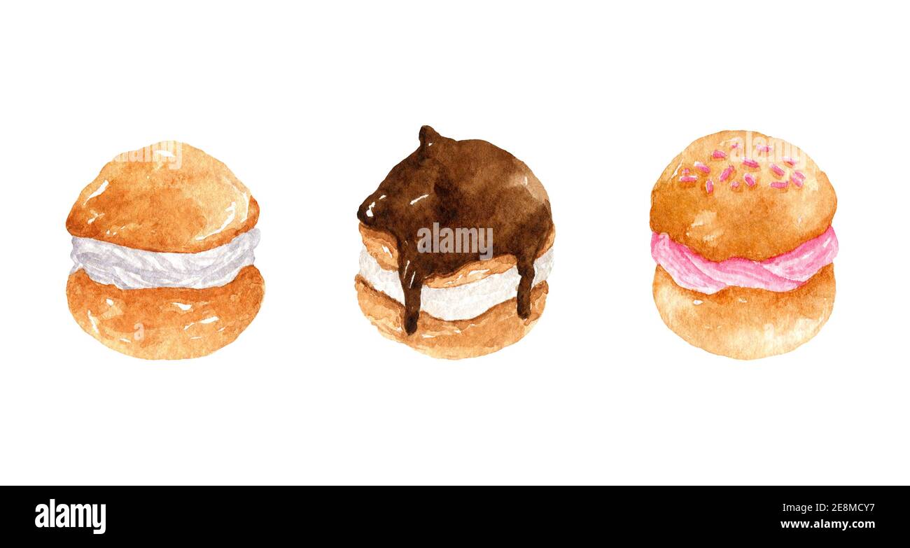 Ensemble de profiteroles avec crème anglaise isolée sur fond blanc. Desserts à la vanille, aux fraises et au chocolat. Illustration aquarelle dessinée à la main. Banque D'Images