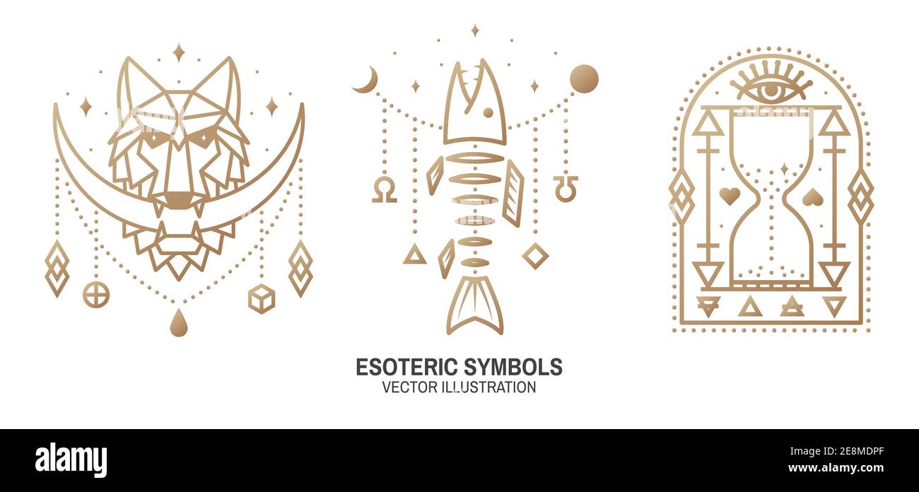 Symboles ésotériques. Vecteur. Badge géométrique à lignes fines. Icône de contour pour l'alchimie ou la géométrie sacrée. Design mystique et magique avec lune à la bouche d'un loup, Fish bone, œil de poisson et sablier Illustration de Vecteur