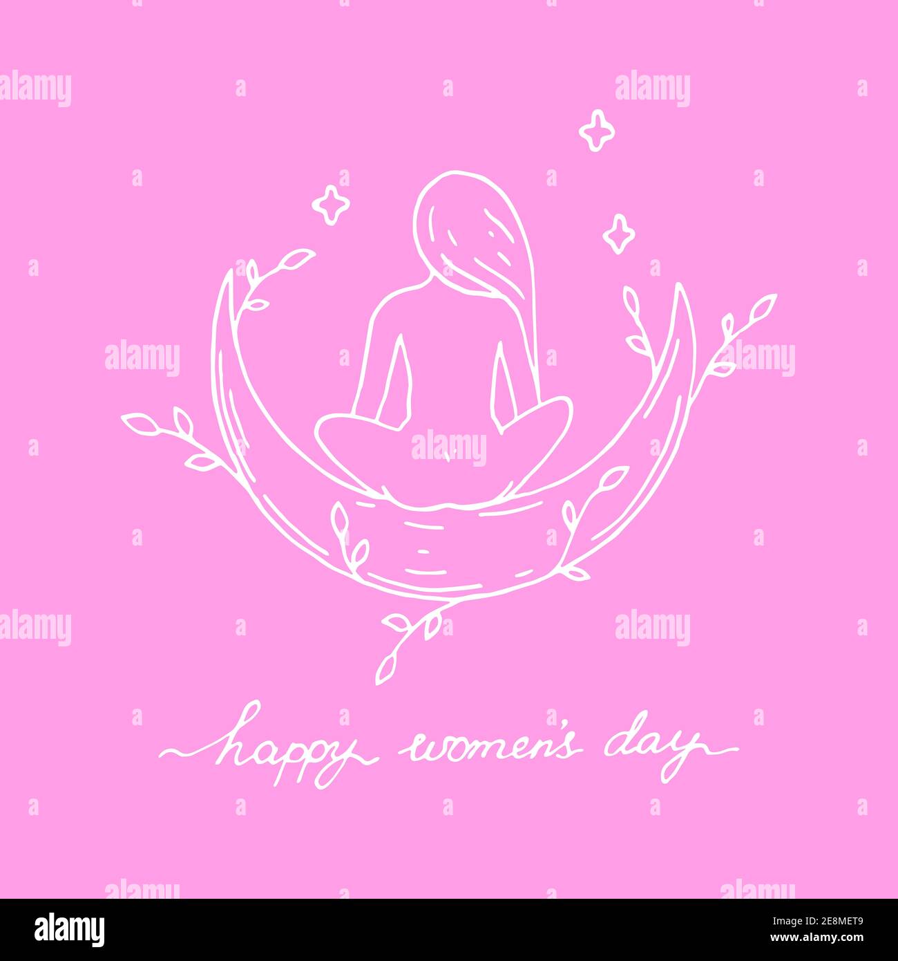 Carte de voeux pour la Journée des femmes. Femme assise sur une demi-lune. Illustration vectorielle dessinée à la main Illustration de Vecteur