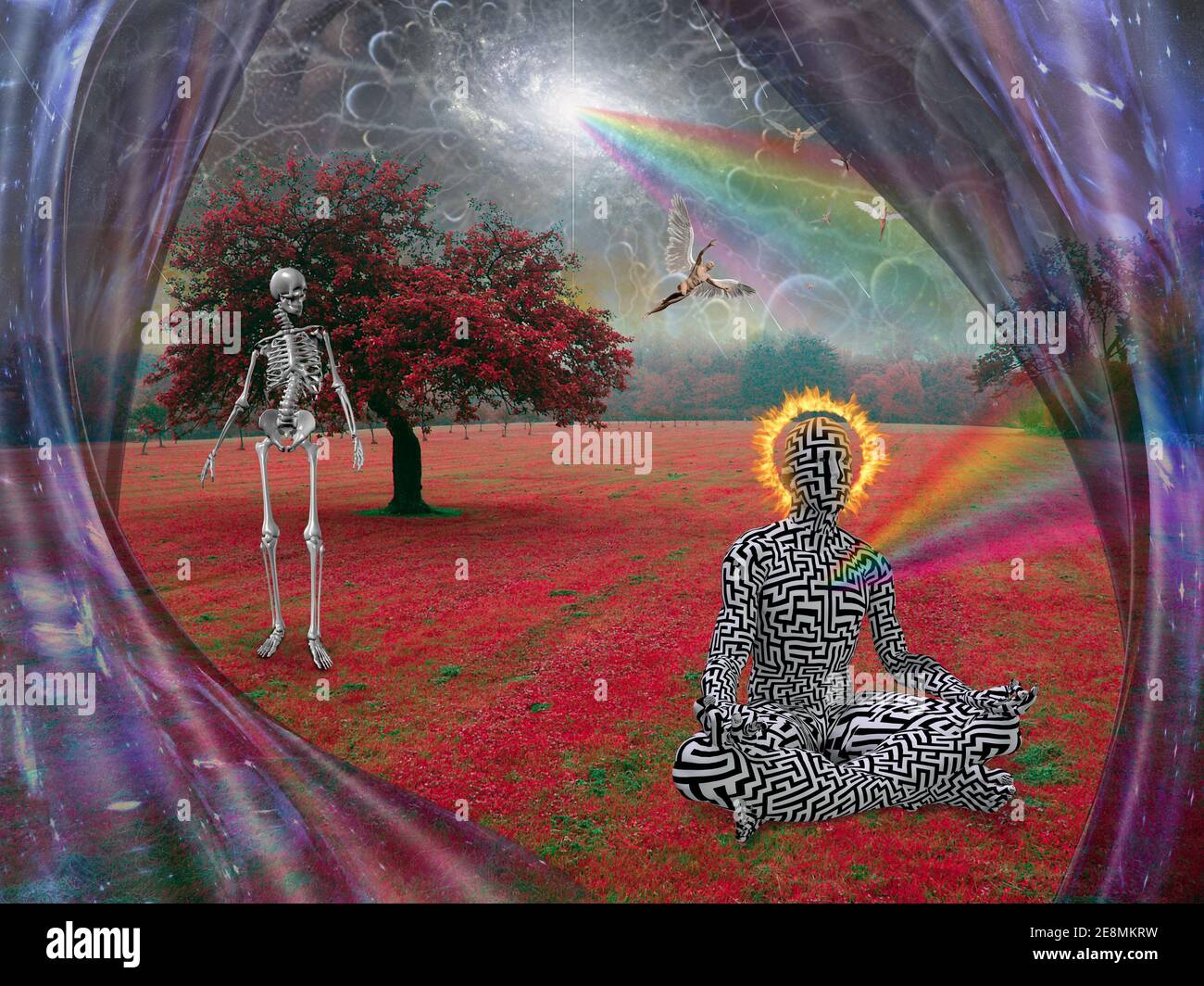 Méditation. Homme dans lotus pose avec halo brûlant. Rendu 3D Banque D'Images