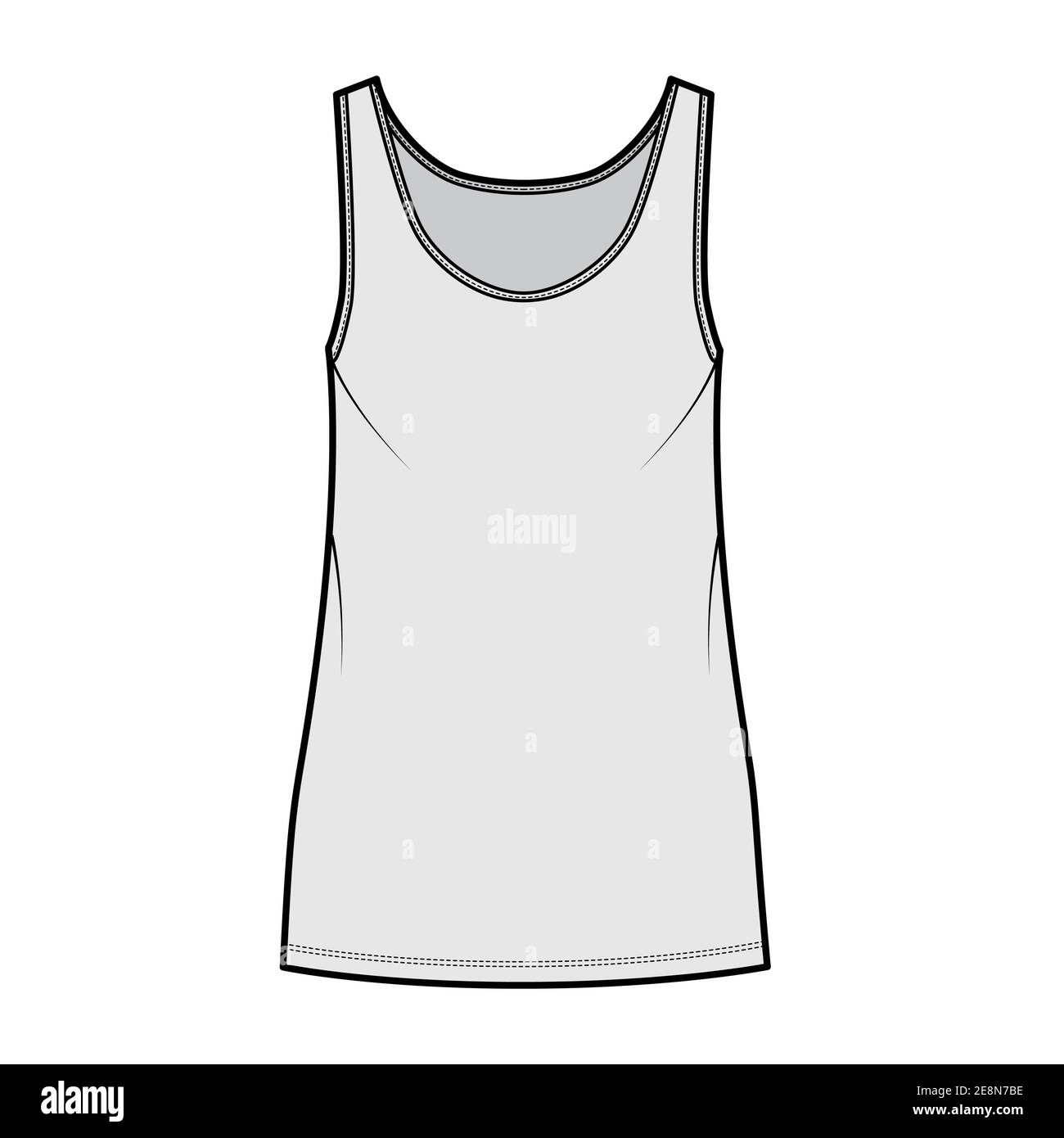 Débardeur robe technique mode illustration avec décolleté rond, bretelles, mini-longueur, grand corps, Pencil plénitude. Modèle de vêtement plat sur le devant, couleur grise. Femmes, hommes, maquette de CAD unisex Illustration de Vecteur