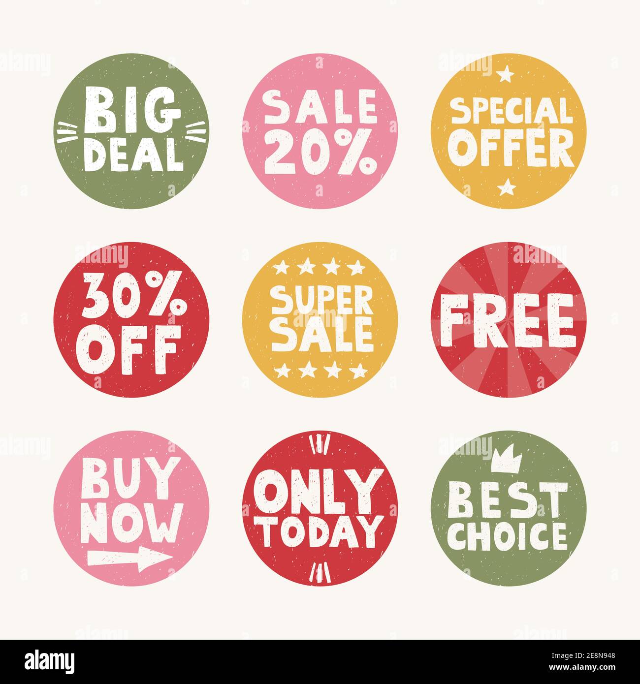 Jeu de balises rondes vectorielles pour la promotion des ventes. Autocollants manuscrits colorés - Achetez maintenant, gratuit, super vente, meilleur choix, 30 de rabais, spécial, aujourd'hui Illustration de Vecteur