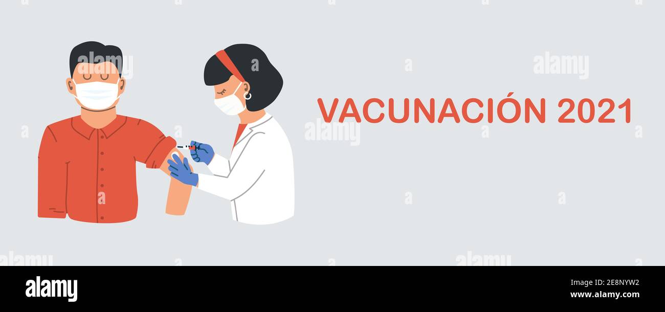 Texte de vaccination en espagnol Vacunación 2021. Le médecin portant un masque de protection injecte un vaccin chez un homme. Santé de la grippe et concept de vaccin Illustration de Vecteur