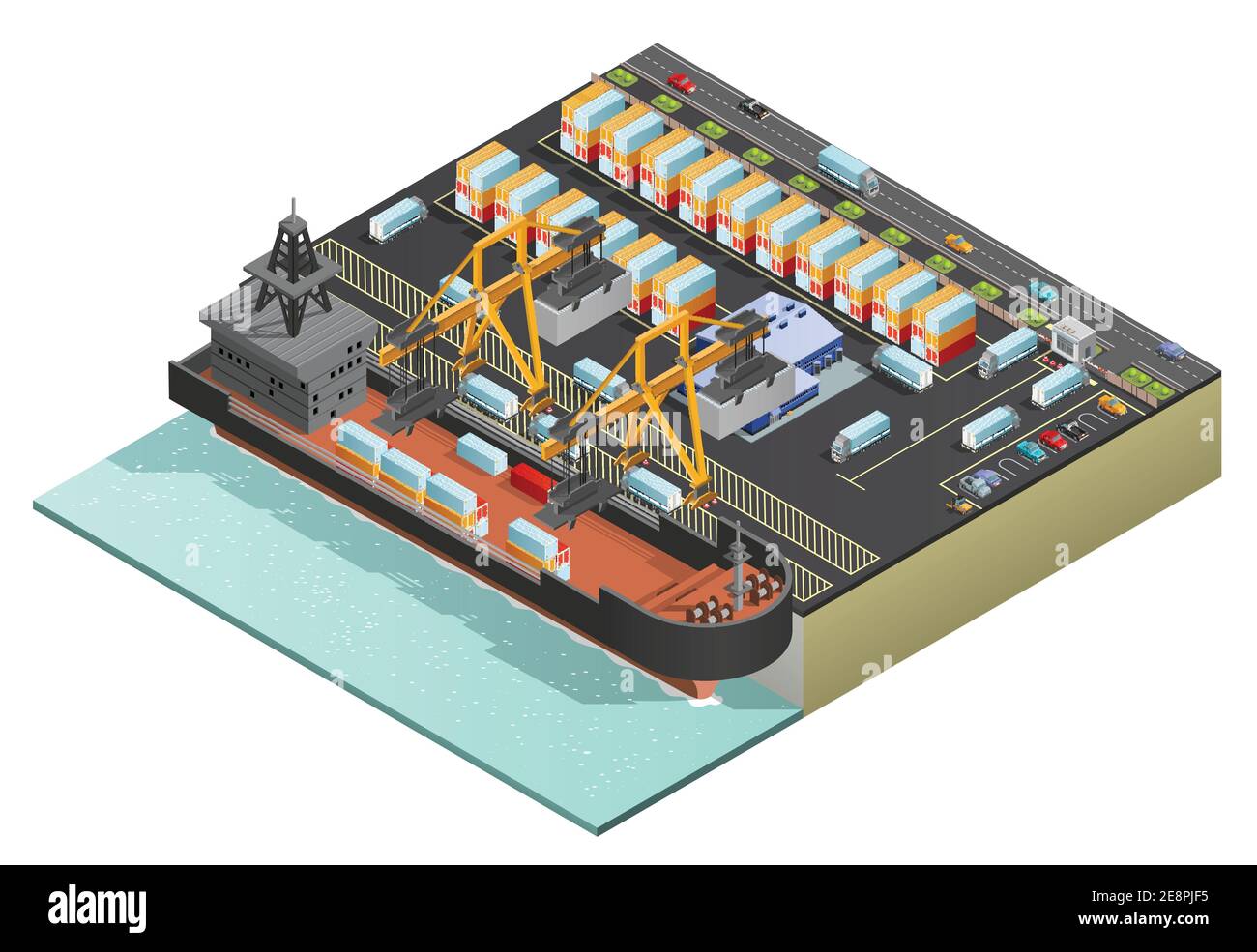 Chargement lourd de marchandises sèches par des navires avec des conteneurs par deux grues fixes dans l'illustration du vecteur isométrique bâbord Illustration de Vecteur