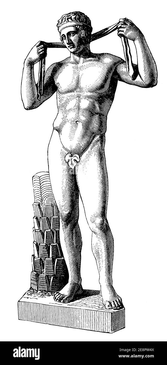 Le Diadumenos ('Diadem-porteur') - sculpture grecque ancienne. Illustration du 19e siècle. Allemagne. Arrière-plan blanc. Banque D'Images