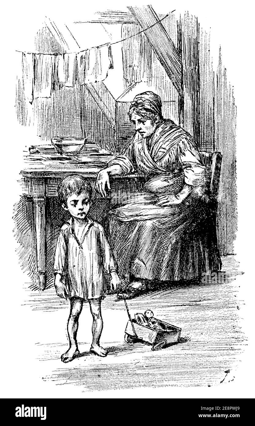 Aspect extérieur d'un enfant de Rhachite. Illustration du 19e siècle. Allemagne. Arrière-plan blanc. Banque D'Images