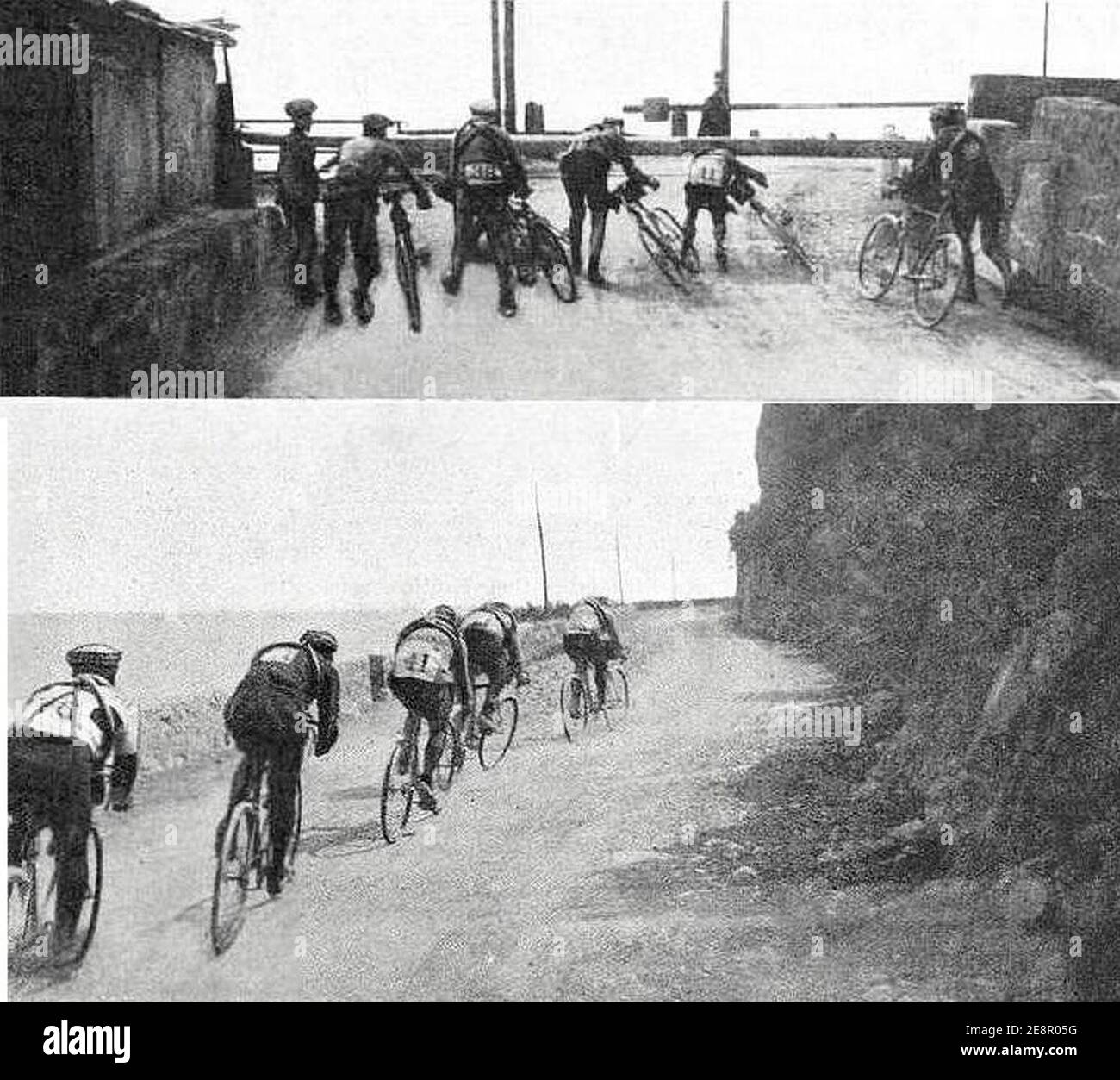 Milan-San Remo 1914, passage à niveau à Livello, puis groupe de tête avant Valtri. Banque D'Images