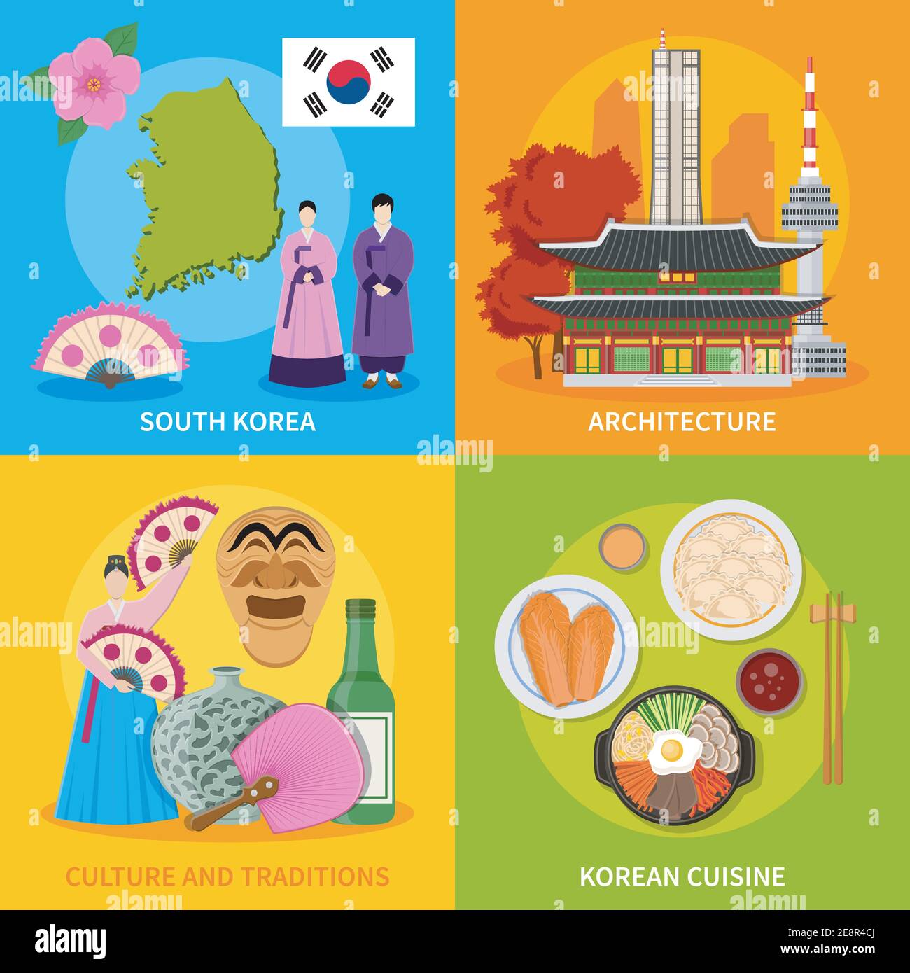 Traditions culturelles coréennes symboles cuisine carte et monuments 4 plat icônes affiche carrée abstrait vecteur illustration isolée Illustration de Vecteur