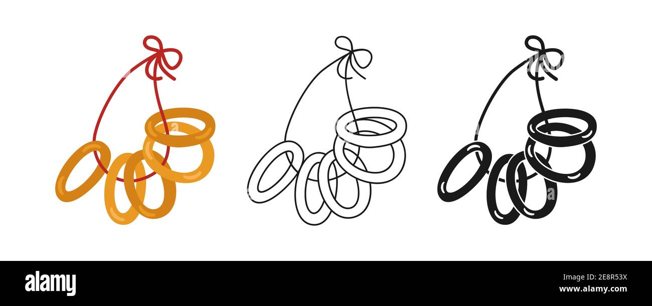 Joli bouquet d'icônes de bagels, ligne de pain et glyphe noir, ensemble de signes de dessin animé. Cuisine traditionnelle russe traditionnelle de boulangerie artisanale, tirée à la main. Infographie, étiquette d'emballage, application Vector Food, site Web Illustration de Vecteur