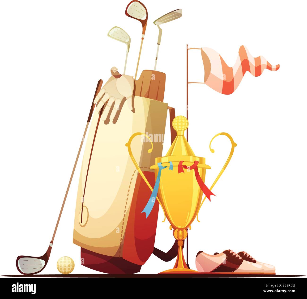 Sac de golf avec chaussures de clubs de balle et vainqueur du championnat de tournée illustration vectorielle d'icône de composition de dessin animé rétro trophy Illustration de Vecteur