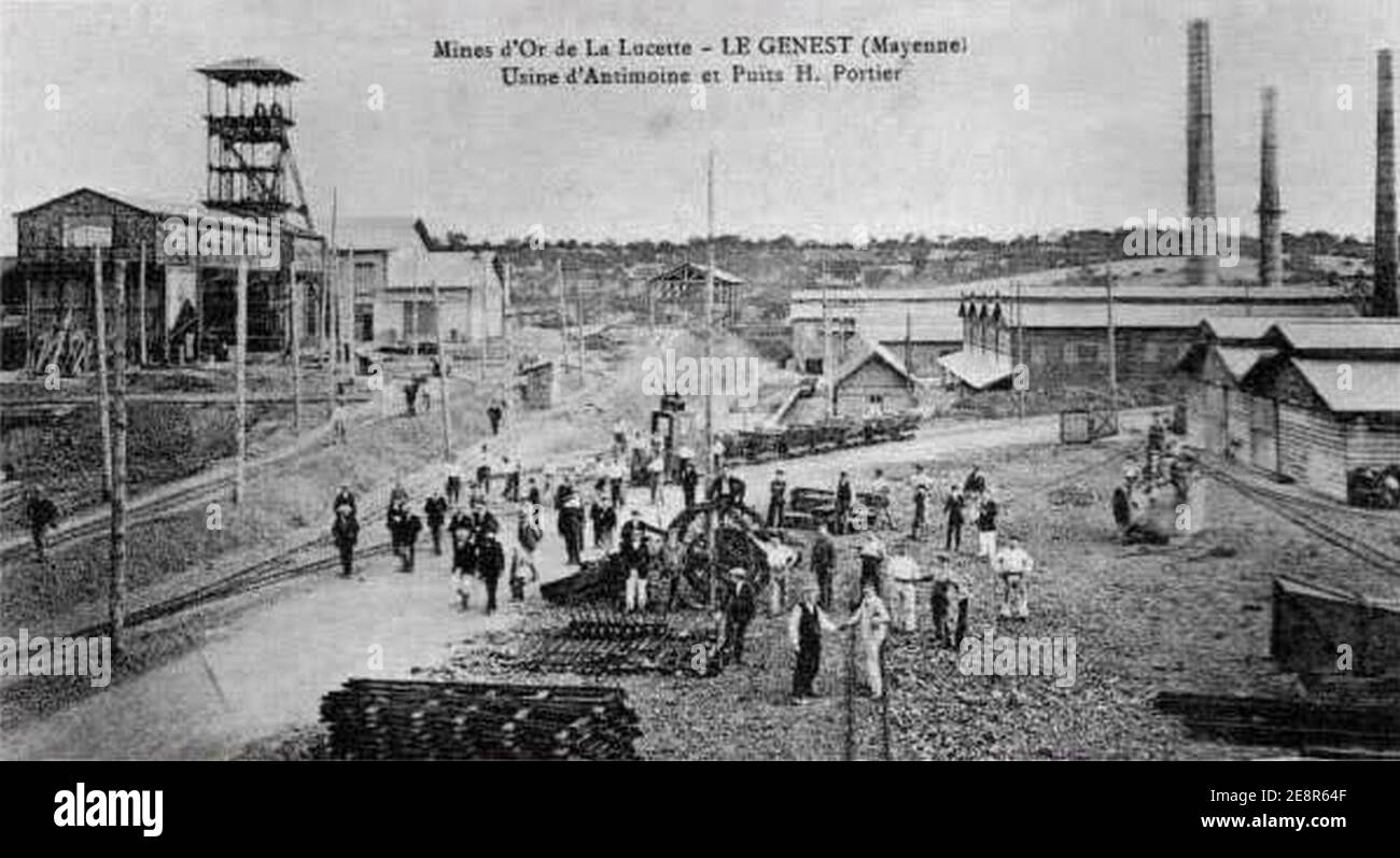 Mines d'Or de la Lucette - le Genest (Mayenne) - usine d'Antimoine et puits H. Portier. Banque D'Images